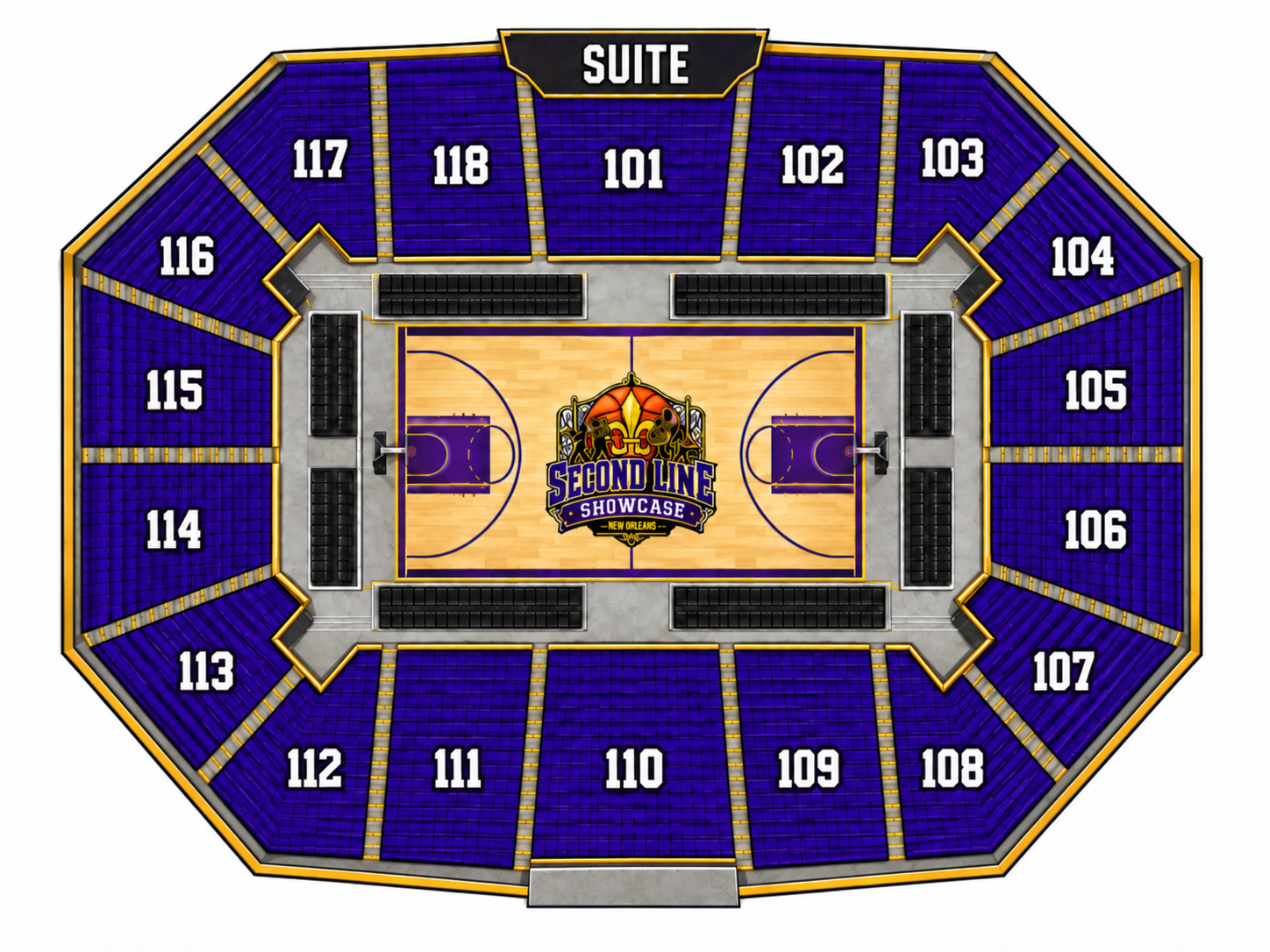 XULA Convocation Center seating chart showing sections 101–118 and suite level